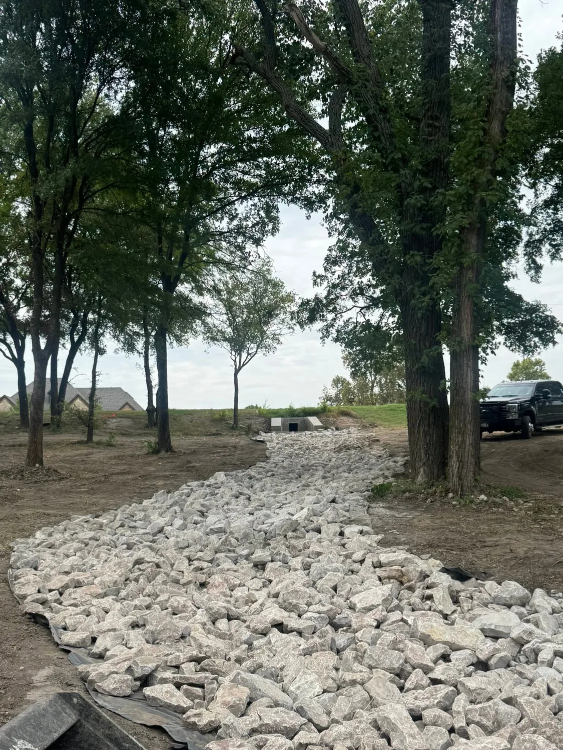 Rip-rap swale through standing trees